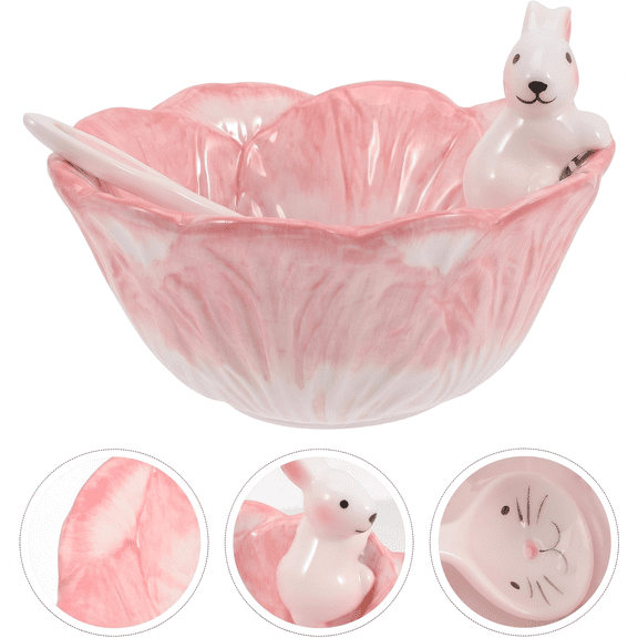 Cute Easter Bunny Ceramic Bowl with Spoon, 14 oz Pink Cabbage Leaf Salad & Cereal Bowl - 5.9" Hand-Painted Decorative Candy Dish and Serving Tableware