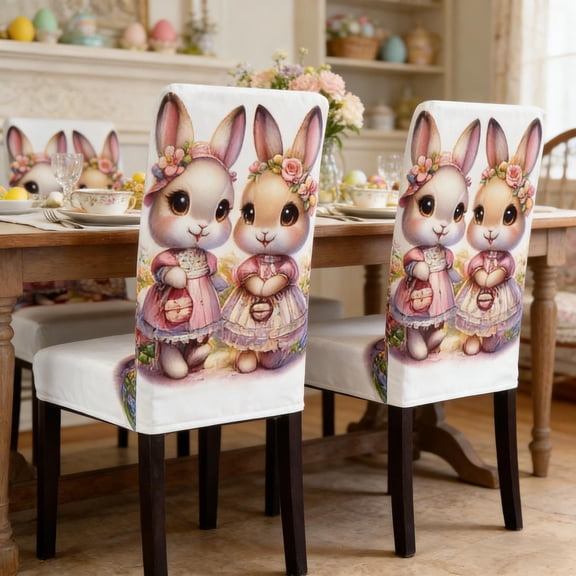 Cute Easter Bunny Chair Covers Stretchy Set, Festive Spring Table Decoration for Dining Room Home Party