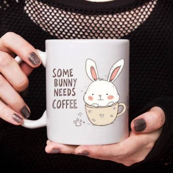 Cute Easter Bunny Coffee Mug Spring Dr -oz oz Ceramic Coffee Mug -Bunny Needs Coffee Easter Mug - Happy Easter Gif.
