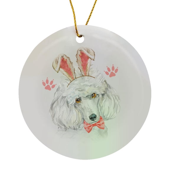 3drose, Cute Easter Bunny Dog a Standard Poodle in Pink Ears and Bow, Circle Porcelain Ornament