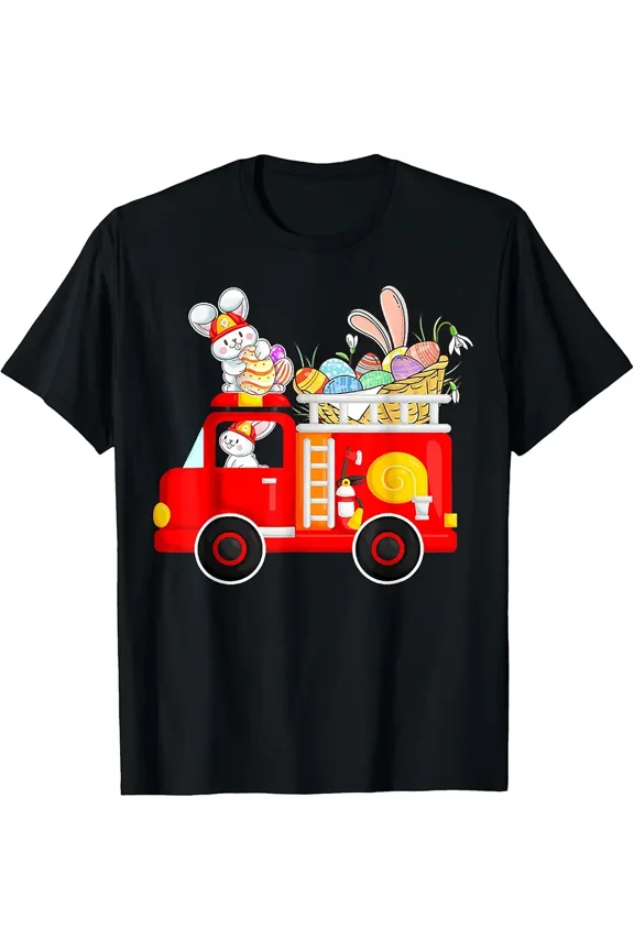 Cute Easter Bunny Firefighter Fire Truck T-Shirt - Festive Egg Hunt Spring Holiday Apparel