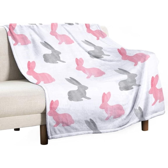 Cute Easter Bunny Fleece Throw Blanket Soft Pink Gray Rabbit Lightweight Flannel Plush Fuzzy Air Conditioning Blankets for Bed Sofa Couch Livingroom Car Travel 50X60 in