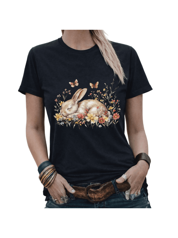 Cute Easter Bunny Floral Butterfly Gift Graphic Tees Womans T shirt White/Black S-5XL Tops