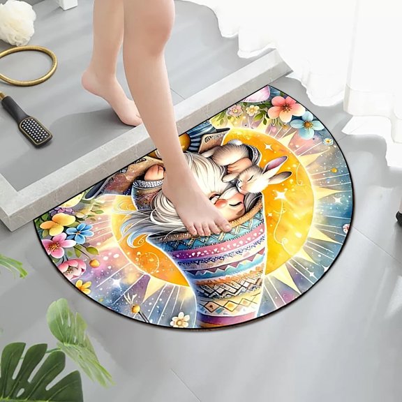Cute Easter Bunny Flower Eggs Half Round Door Mat Non-Slip Welcome Entryway Soft Area Rug Absorbent Bathroom Rugs Wear Resistant Indoor Kitchen Mats 16 x 24 in for Home Deck Patio Garage