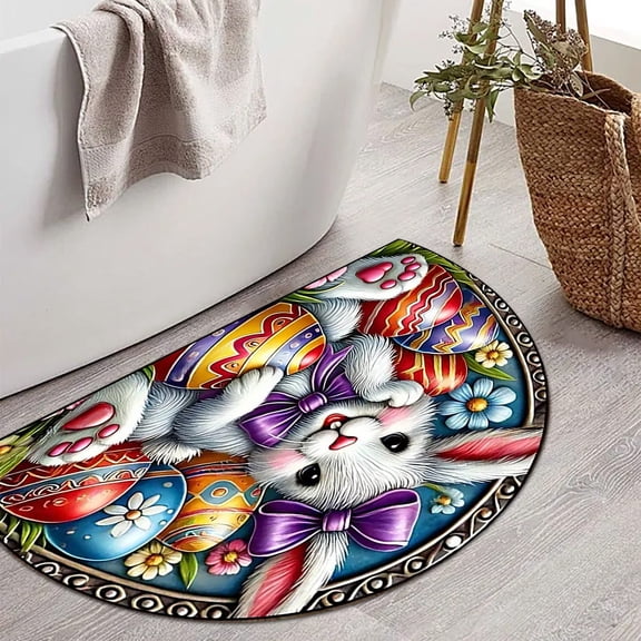 Cute Easter Bunny Flower Eggs Half Round Door Mat Non-Slip Welcome Entryway Soft Area Rug Absorbent Bathroom Rugs Wear Resistant Indoor Kitchen Mats 16 x 24 in for Home Deck Patio Garage