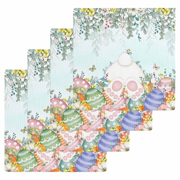 Cute Easter Bunny Kitchen Dish Towels for Drying Dishes Set of 4, Eucalyptus Leaves Colorful Eggs Teal Waffle Weave Microfiber Hand Tea Bathroom Towels Quick Dry & Absorbent Towel 12x12