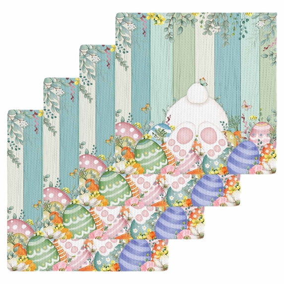Cute Easter Bunny Kitchen Dish Towels for Drying Dishes Set of 4, Eucalyptus Leaves Colorful Eggs Wooden Waffle Weave Microfiber Hand Tea Bathroom Towels Quick Dry & Absorbent Towel 12x12