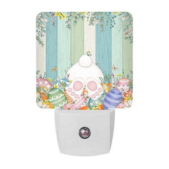 Cute Easter Bunny Night Lights Plug Into Wall, LED Dusk to Dawn Sensor Night Light, Eucalyptus Leaves Colorful Eggs Wooden Nightlight for Bedroom Bathroom Living Room Hallway Home Wall Decor