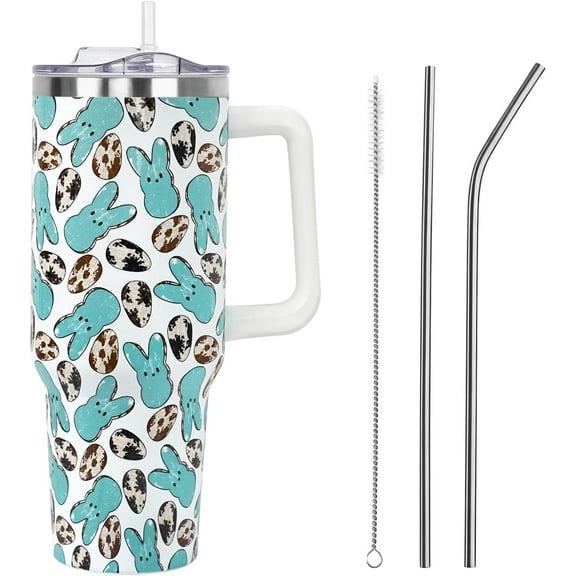 Cute Easter Bunny & Peeps Tumbler - 40oz Stainless Steel Travel Mug with Handle, Straw Lid - Vacuum Insulated, Leak Proof - Spring Gift for Women, Men (Rabbit Eggs Design)