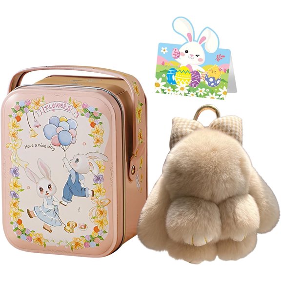 Cute Easter Bunny Plush Keychain with Collector's LuLu Tin Box - 5" Soft Rabbit Stuffed Animal Charm, Keychain for Bags & Backpacks, Perfect Easter & Birthday Gift