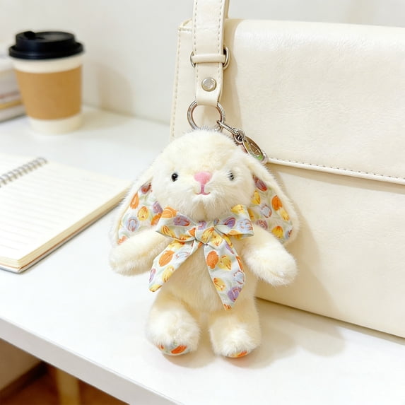 Cute Easter Bunny Plush Keychain Soft Fluffy Rabbit With Floral Bow Compact Mini Key Ring Design For Everyday Carry Easter Themed Bag Decoration And Daily Use