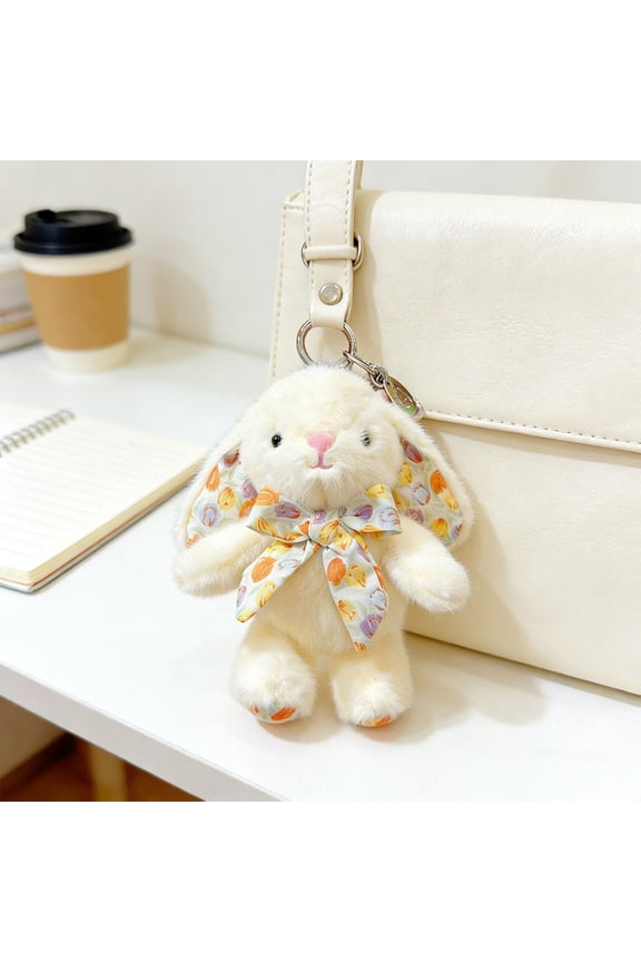 Cute Easter Bunny Plush Keychain Soft Fluffy Rabbit With Floral Bow Compact Mini Key Ring Design For Everyday Carry Easter Themed Bag Decoration And Daily Use