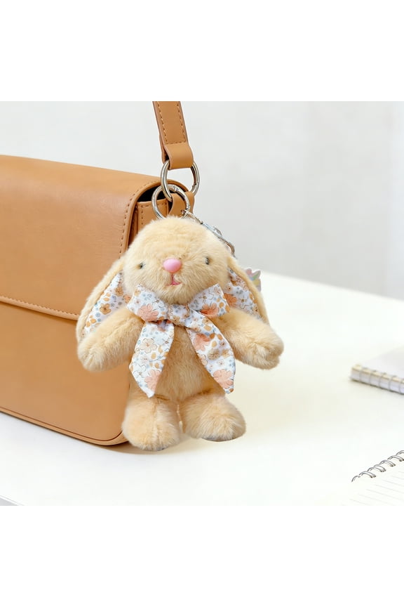 Cute Easter Bunny Plush Keychain Soft Fluffy Rabbit With Floral Bow Compact Mini Key Ring Design For Everyday Carry Easter Themed Bag Decoration And Daily Use