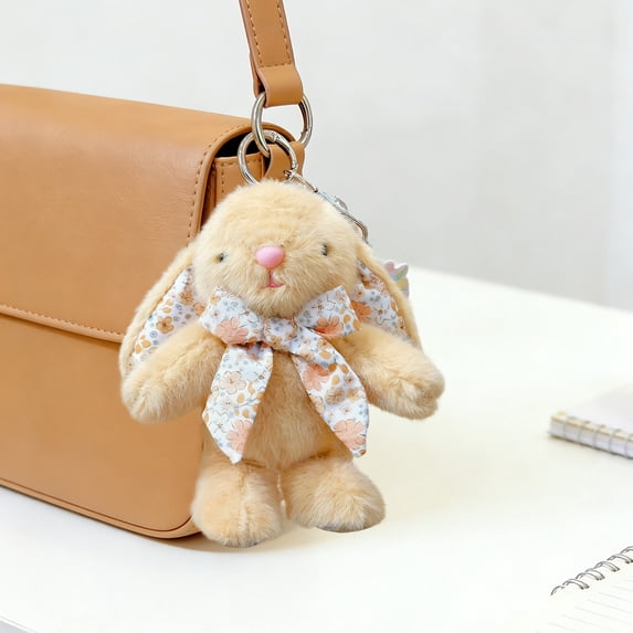 Cute Easter Bunny Plush Keychain Soft Fluffy Rabbit With Floral Bow Compact Mini Key Ring Design For Everyday Carry Easter Themed Bag Decoration And Daily Use