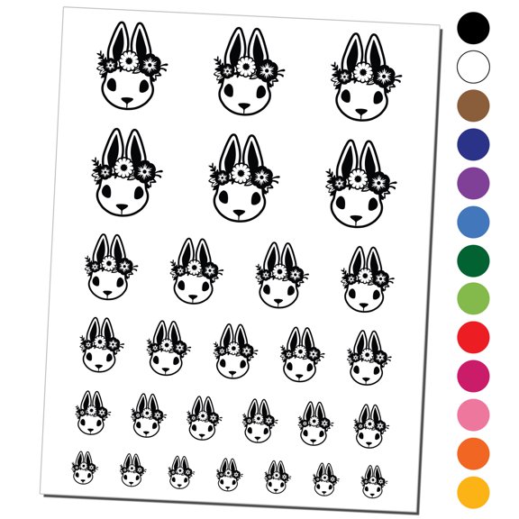 Cute Easter Bunny Rabbit Head with Flower Crown Water Resistant Temporary Tattoo Set Fake Body Art Collection - Purple
