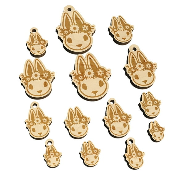 Cute Easter Bunny Rabbit Head with Flower Crown Wood Mini Charms Shapes DIY Craft Jewelry - With Hole - Various Sizes (16pcs)