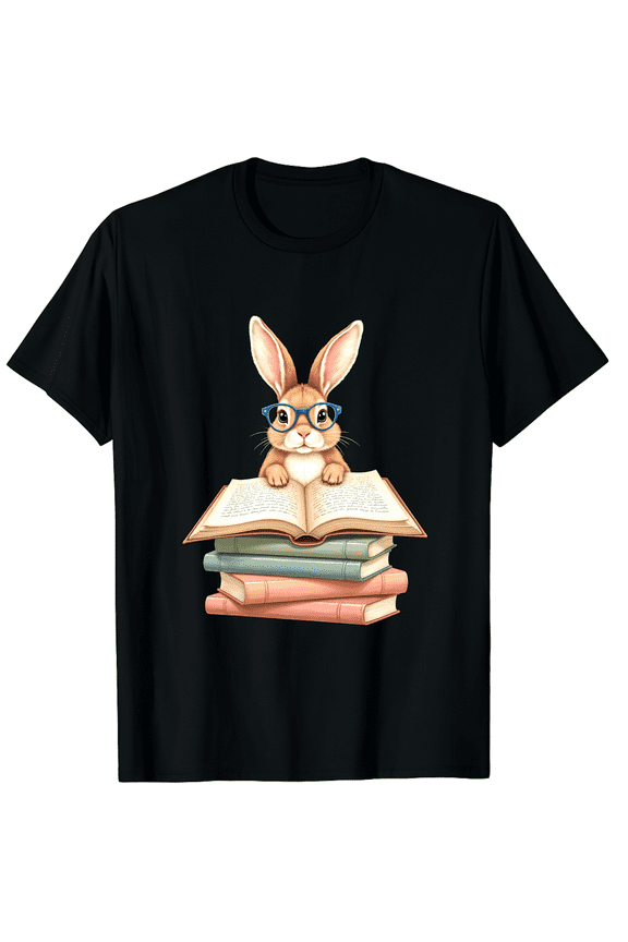 Cute Easter Bunny Reading Book Glasses Nerd Animal Spring Graphic Short Sleeve T-Shirt for Women Men Teacher Gift
