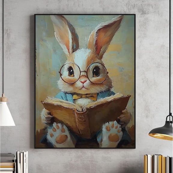 Cute Easter Bunny Reading Book Print Wall Art, Tiny Rabbit Big Glasses, Spring Nursery, Light Academia Decor #1434, Unframed Poster Size 8x12