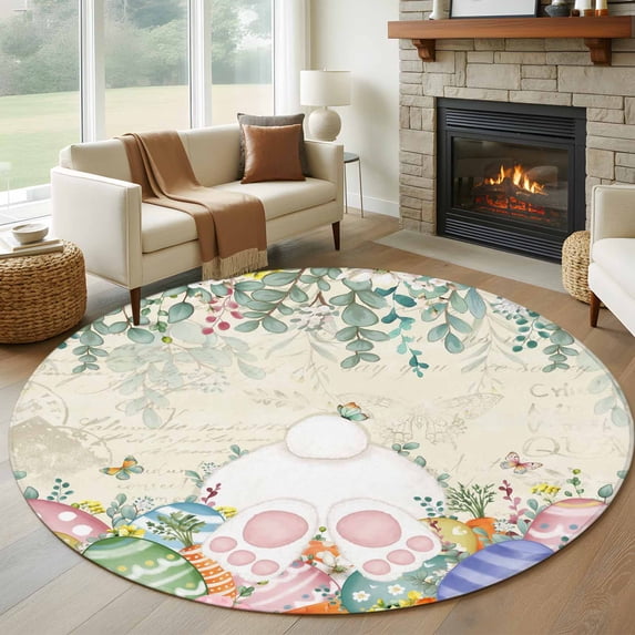 Cute Easter Bunny Round Area Rug 6Ft Washable Circle Rugs for Bathroom Office, Eucalyptus Leaves Colorful Eggs Beige Non-Slip Carpet Floor Mats Indoor Outdoor Carpet Runner Aesthetic Home Decor