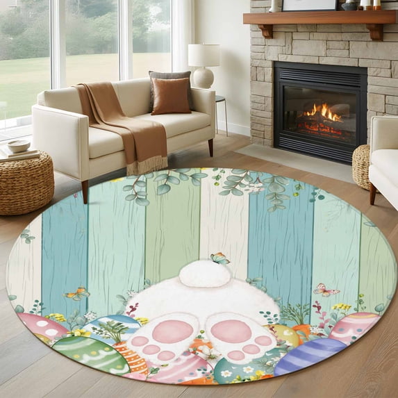 Cute Easter Bunny Round Area Rug 8Ft Washable Large Circle Rugs for Living Room Dorm, Eucalyptus Leaves Colorful Eggs Wooden Non-Slip Carpet Floor Mats Indoor Outdoor Carpet Runner Home Decor