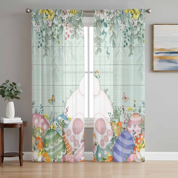 Cute Easter Bunny Sheer Curtains 72 Inch Length 2 Panels Set Window Treatments, Eucalyptus Leaves Colorful Eggs Teal Wooden Rod Pocket Semi Curtains for Living Room/Bedroom/Kitchen, 104"W x 72"L