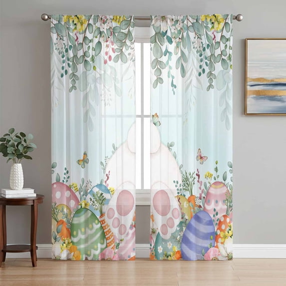 Cute Easter Bunny Sheer Curtains 96 Inch Length 2 Panels Set Window Treatments, Eucalyptus Leaves Colorful Eggs Teal Rod Pocket Semi Curtains for Living Room/Bedroom/Kitchen Décor, 104"W x 96"L