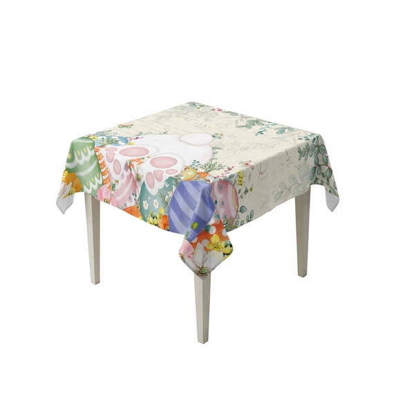 Cute Easter Bunny Suqare Tablecloth - 54 x 54 Inch, Eucalyptus Leaves Colorful Eggs Beige Waterproof & StainResistant Tablecloth, Washable Oil-proof Table Cover for Dining/Party/Wedding/Buffet