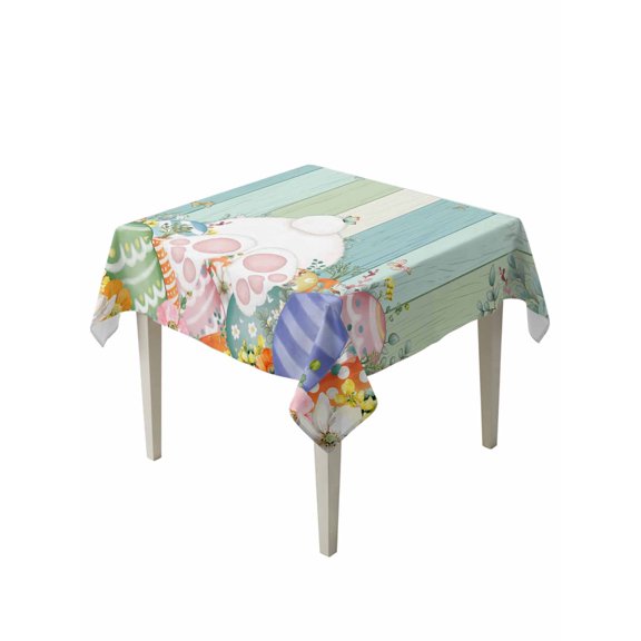 Cute Easter Bunny Table Cloth, Waterproof Tablecloth for Square Tables, Eucalyptus Leaves Colorful Eggs Wooden Reusable Washable Fabric Table Cover for Restaurant Kitchen Dining Tables 54"x54"