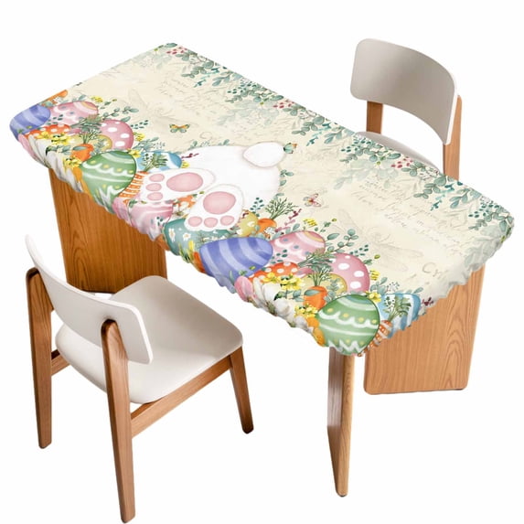 Cute Easter Bunny Table Cloths for 6 Foot Rectangle Tables, Eucalyptus Leaves Colorful Eggs Beige Patio Waterproof Elastic Fitted Tablecloths, Washable Rectangular Table Cover for Camping