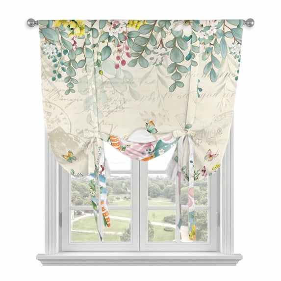Cute Easter Bunny Tie Up Curtains 45 Inches Long, Kitchen Window Curtains Over Sink, Eucalyptus Leaves Colorful Eggs Beige Small Window Curtains Shade Balloon Curtains Valances for Bedroom 34"x45"