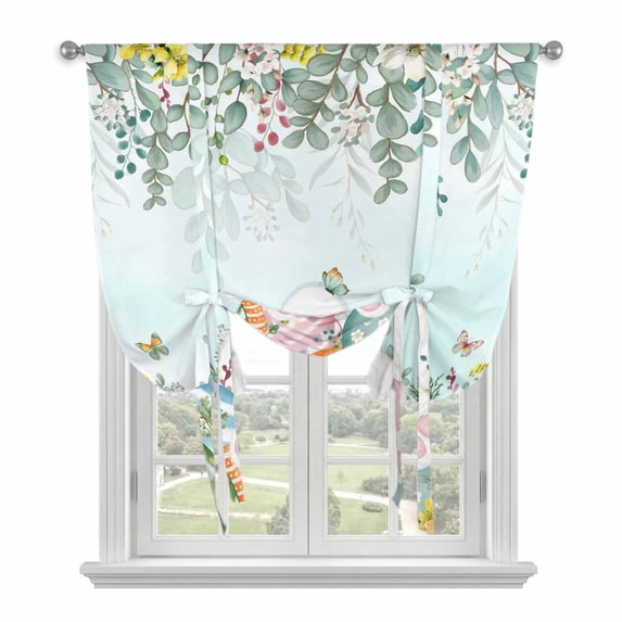Cute Easter Bunny Tie Up Curtains for Windows, Adjustable Balloon Window Shades, Eucalyptus Leaves Colorful Eggs Teal Kitchen Window Treatments Farmhouse Short Curtains with Rod Pocket 42"x45"