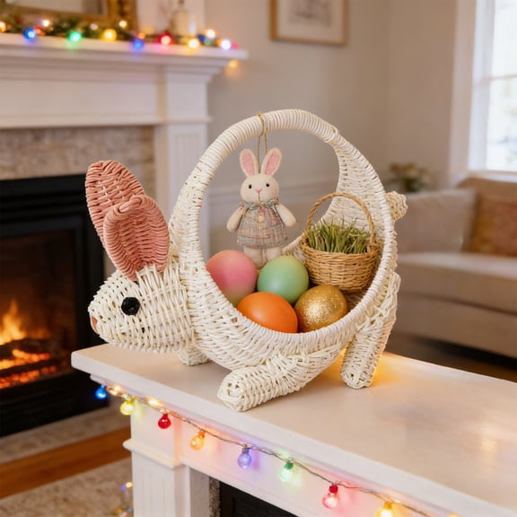 Cute Easter Bunny Woven Basket - Handmade Wicker Rabbit Shape Picnic Hamper for Egg Hunt, Candy Storage, Spring Party Decor (White)