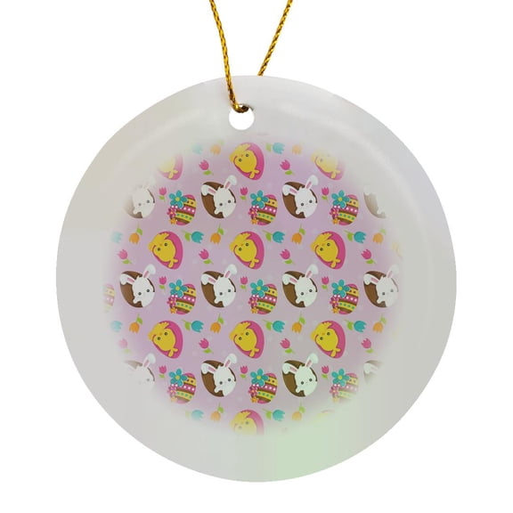 3drose, Cute Easter Chicks and Rabbits in Easter Eggs Pattern, Circle Porcelain Ornament