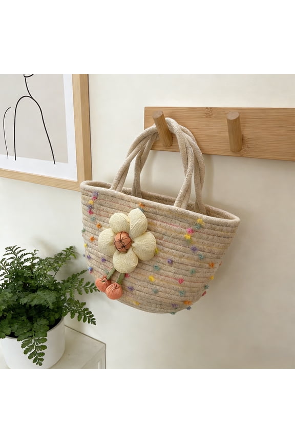 Cute Easter Cotton Woven Handbag Casual Tote Bag Small Flower Storage Purse with Handles Gift for Women Daily Commuting, Work, Shopping, Summer Beach Boho Bags, C