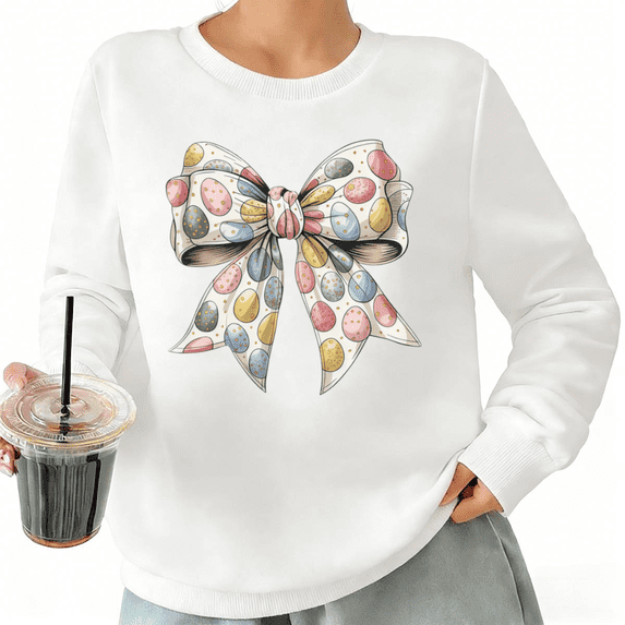 Cute Easter Egg Pattern Bow Womans Sweatshirt Graphic Sweatshirt Black White S-3XL Gift Loose Fit Crew Neck Tops