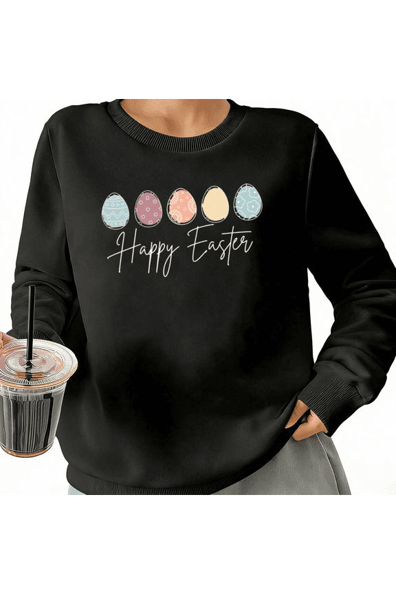 Cute Easter Egg Pattern Womans Sweatshirt Graphic Sweatshirt Black White S-3XL Gift Loose Fit Crew Neck Tops