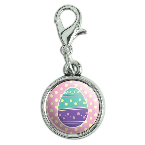 Cute Easter Egg Turquoise Purple Polka Dots Antiqued Bracelet Pendant Zipper Pull Charm with Lobster Clasp