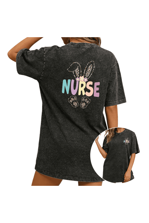 Cute Easter Nurse Bunny Ear Wash Print Tshirt S-2XL Acid Washed Black Graphic Tees Casual Shirts for Nursing Staff Easter Tops