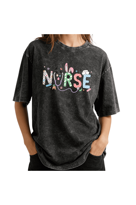 Cute Easter Nurse Bunny Wash Print Tshirt S-2XL Acid Washed Black Graphic Tees Casual Shirts for Nursing Staff Easter Tops