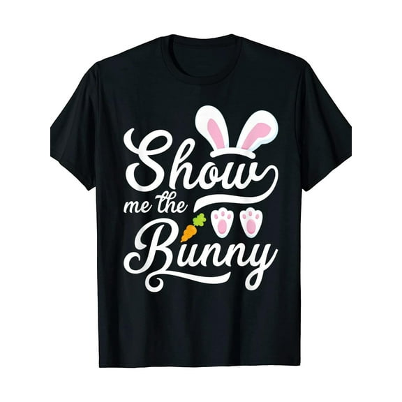 Cute Easter Pattern T-shirt-Soft Cotton, Casual Fit, Short Sleeve, Black with White Word and Pink Rabbit Ear Design, Suitable for Spring Outing