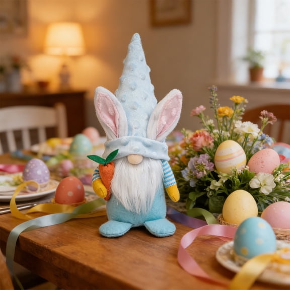 Cute Easter Pointed Hat Rabbit Doll, 9.84 Inch Plush Goblins Figurine, Fabric Bunny with Carrot, for Table Centerpiece Holiday Gift Decor