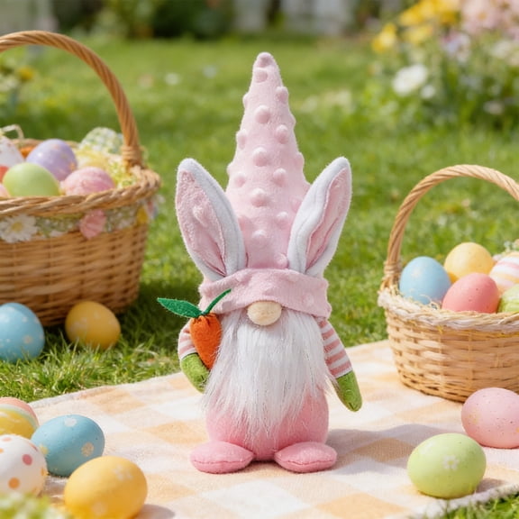 Cute Easter Pointed Hat Rabbit Doll, 9.84 Inch Plush Goblins Figurine, Fabric Bunny with Carrot, for Table Centerpiece Holiday Gift Decor