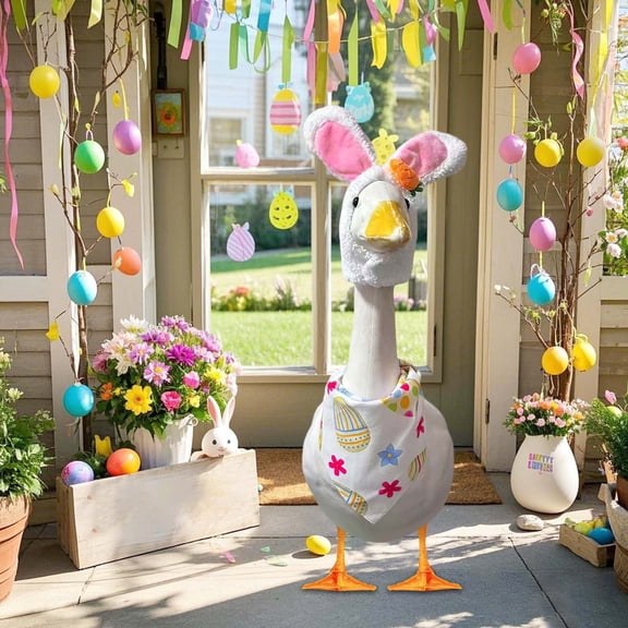 Cute Easter Porch Goose Decoration Costume, Easter Theme Party Yard Goose Holiday Decoration, Easter Eggs Pattern Clothes and Rabbit Ear Hat Porch Goose Costume