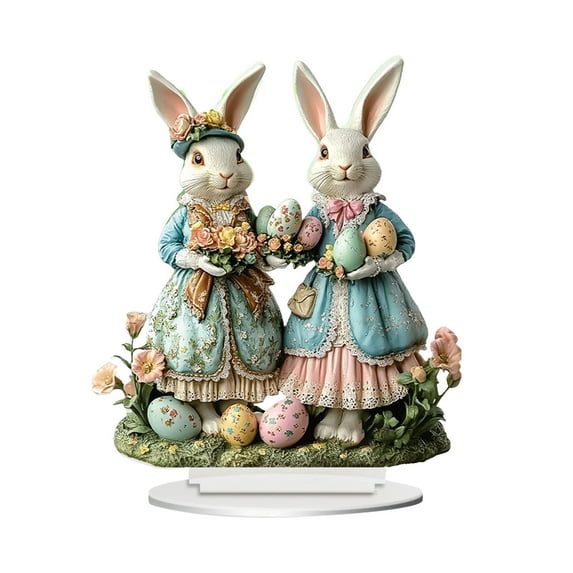 Cute Easter Rabbit Desktop Decor Floral Cart Easter Rabbit Egg Ornament 2D Flat Easter Bunnies Desk Decoration Resin Easter Egg Figurines Spring Easter Rabbit Egg Flower Carrot Tabletop Decor