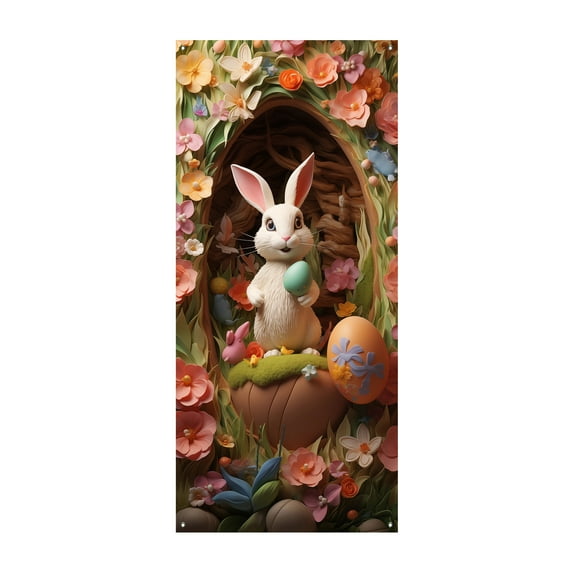 Cute Easter Rabbit Door Cover Outdoor Decor, High Stretch Festival Fabric Front Door Cover Easter Banner Door Cover for Front Door Festival Easter Party Home Decor