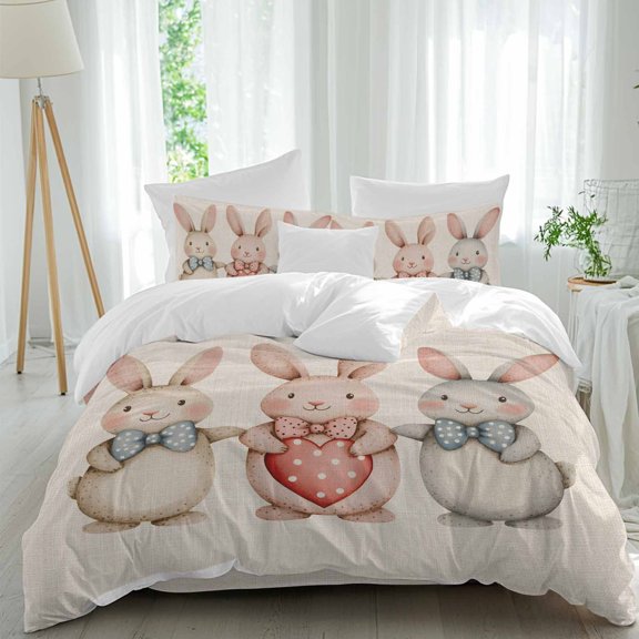 Cute Easter Rabbit Queen Size 4 piece Duvet Cover Set,3 Comfort Bedding Set, Include a Duvet Cover,a Bed Sheet, 2 Pillowcase with Zipper for All Season