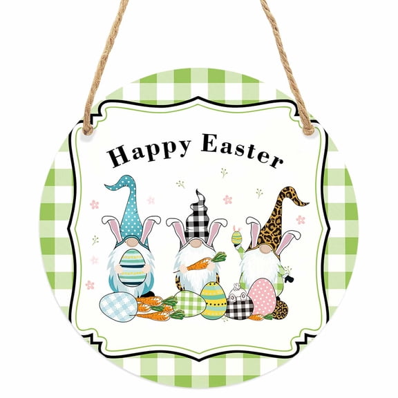 Cute Easter's Plaid Gnomes Round Front Door Welcome Sign, 5.9 Inch Wall Hanging Decor for Indoor Outdoor, Geometric Egg Buffalo Border Home Porch Hanger Decorations for Holiday Gift