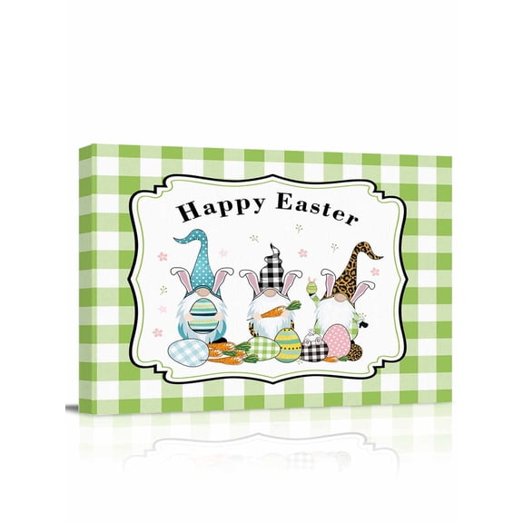 Cute Easter's Plaid Gnomes Wall Art for Living Room,Canvas Picture Wall Decor for Bathroom Bedroom,Geometric Egg Buffalo Border Painting Artwork for Office Kitchen Hallway Dining Room Decor 12"x16"