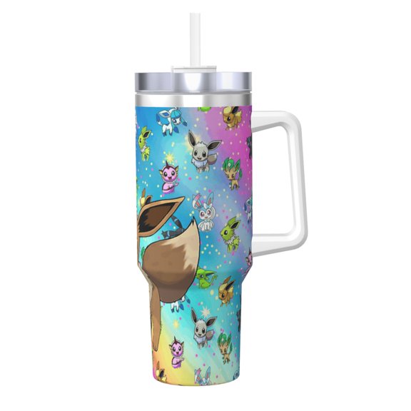 Cute Ee-vee 40oz Ice Bully with Handle Water Bottle Straw Sports Insulated Stainless Steel Reusable Leak Proof Car Cup