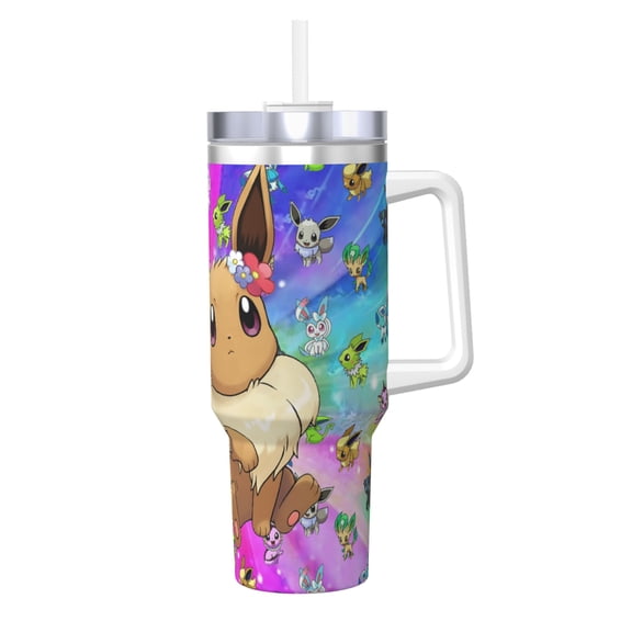 Cute Ee-vee 40oz Ice Bully with Handle Water Bottle Straw Sports Insulated Stainless Steel Reusable Leak Proof Car Cup